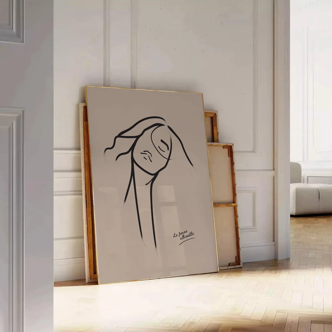 A bohemian woman with flowing hair surrounded by abstract shapes and earthy tones - leaning on a herringbone floor against a white panelled wall
