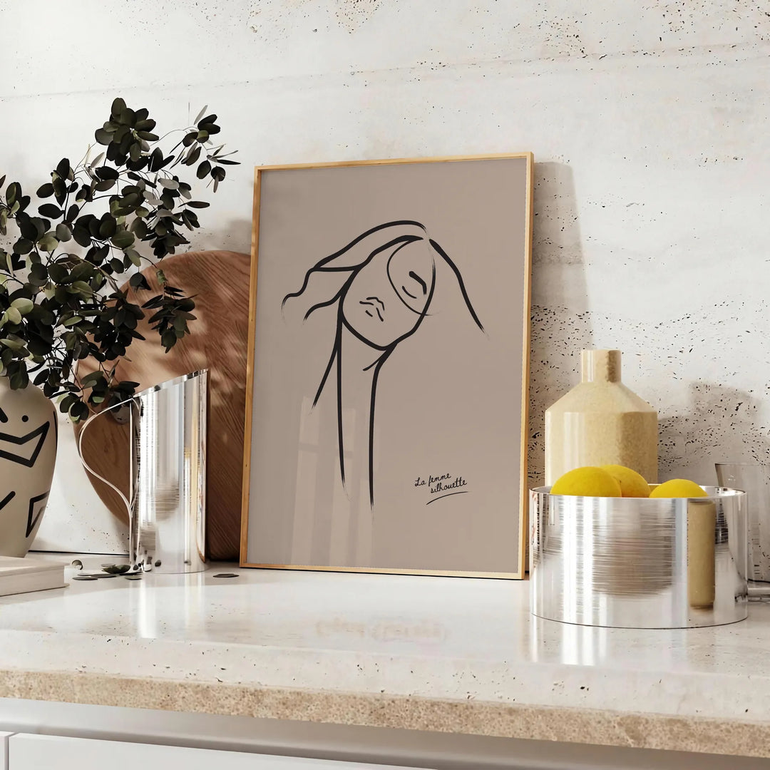 A bohemian woman with flowing hair surrounded by abstract shapes and earthy tones - styled on a counter with eucalyptus and a bowl of lemons