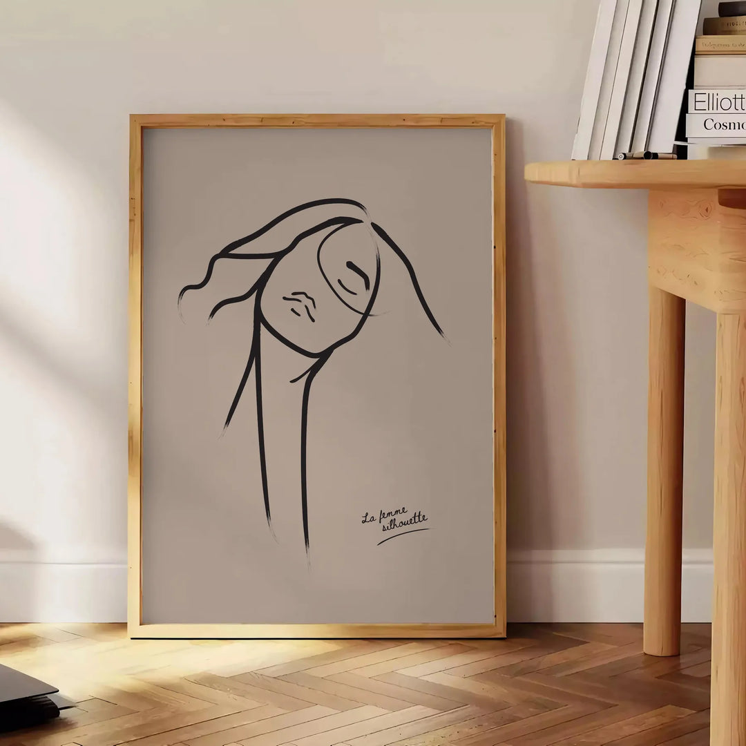 A bohemian woman with flowing hair surrounded by abstract shapes and earthy tones - beside a round wooden side table with books