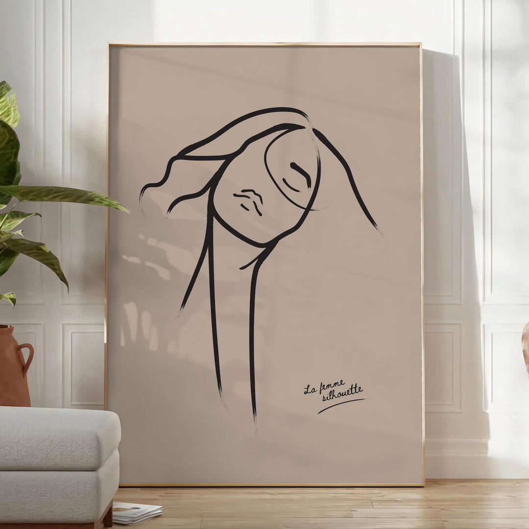 A bohemian woman with flowing hair surrounded by abstract shapes and earthy tones - in a bright minimalist room with a plant and an armchair