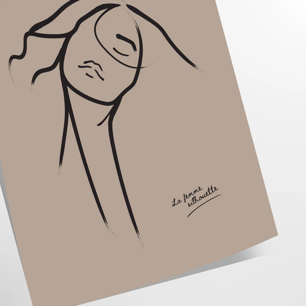 A bohemian woman with flowing hair surrounded by abstract shapes and earthy tones