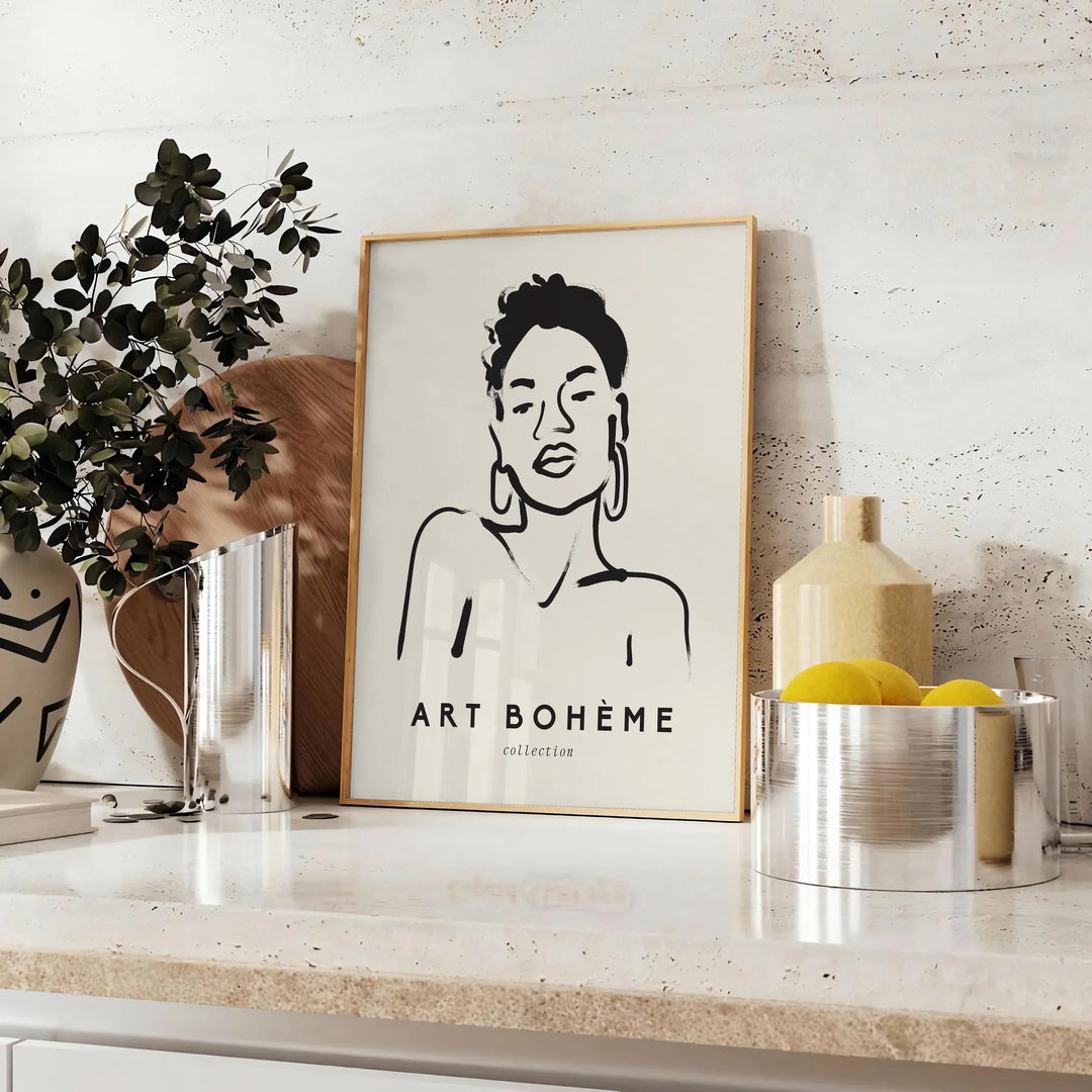 A woman in bohemian attire surrounded by abstract floral patterns - styled on a counter with eucalyptus and a bowl of lemons
