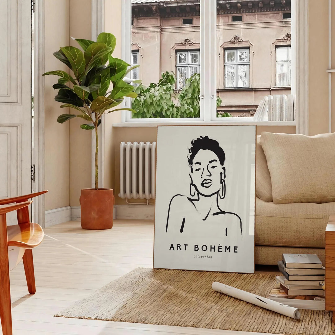 A woman in bohemian attire surrounded by abstract floral patterns - in a Parisian living room with a sofa and a fig plant