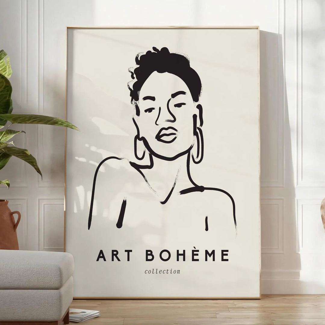 A woman in bohemian attire surrounded by abstract floral patterns - in a bright minimalist room with a plant and an armchair