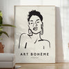 A woman in bohemian attire surrounded by abstract floral patterns - in a bright minimalist room with a plant and an armchair
