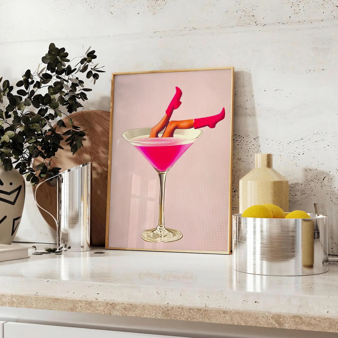 A woman holding a cocktail, illustrated in modern style with gray and orange tones - styled on a counter with eucalyptus and a bowl of lemons