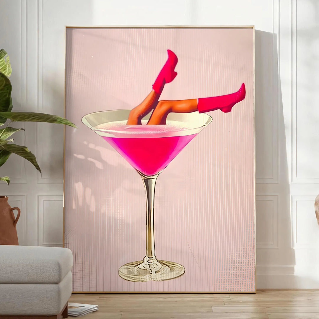 A woman holding a cocktail, illustrated in modern style with gray and orange tones - in a bright minimalist room with a plant and an armchair