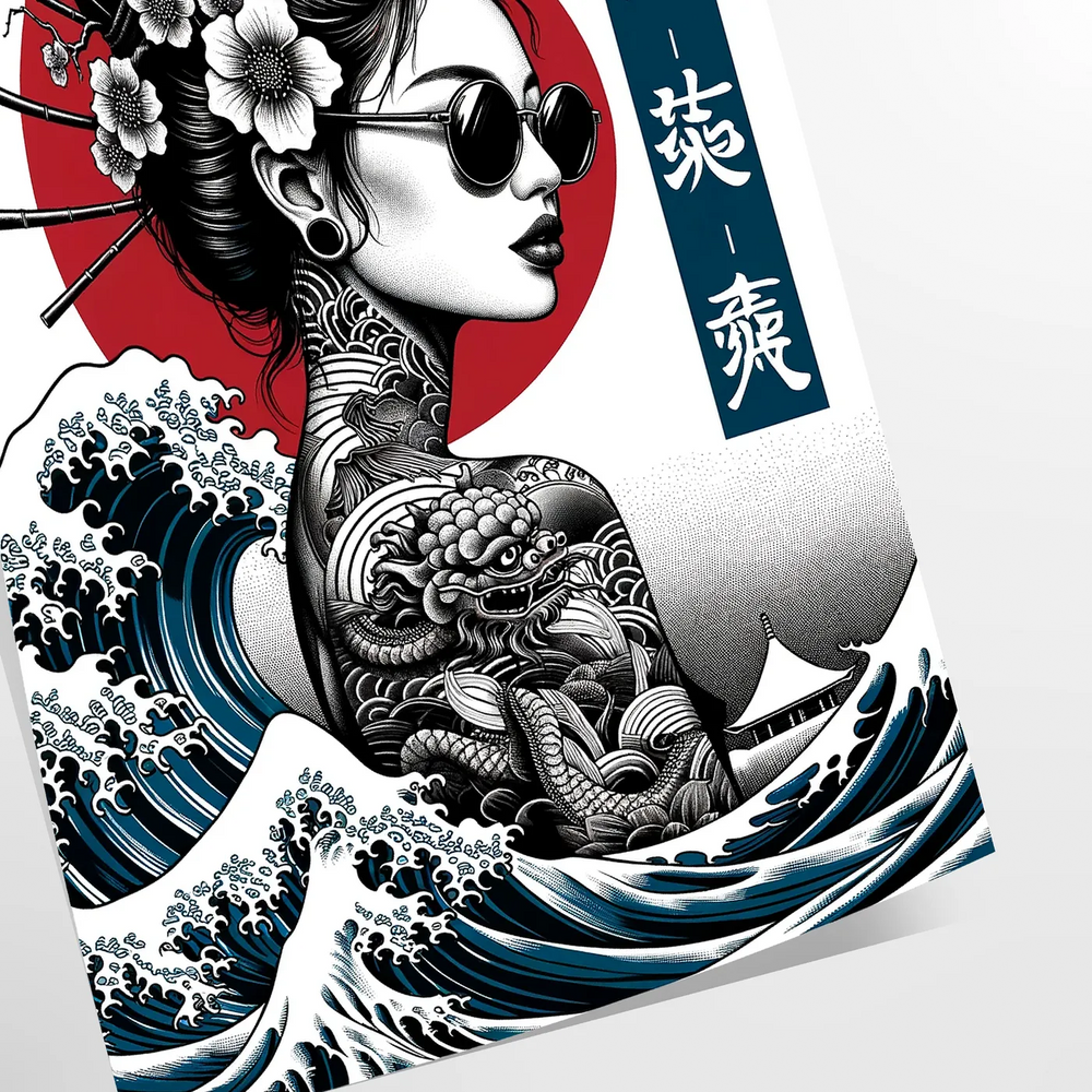 A woman in traditional Japanese attire surrounded by green elements