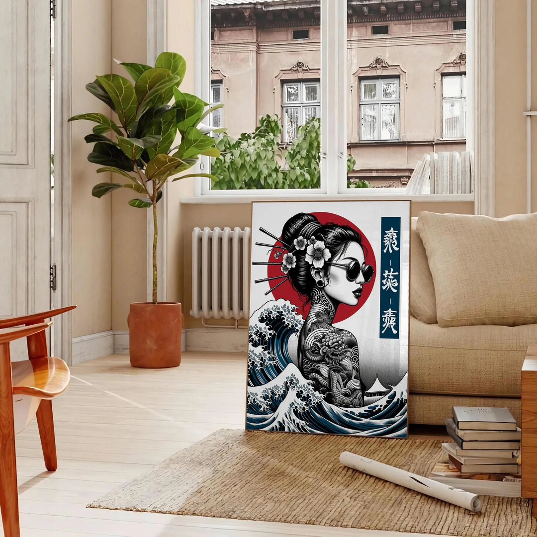 A woman in traditional Japanese attire surrounded by green elements - in a Parisian living room with a sofa and a fig plant