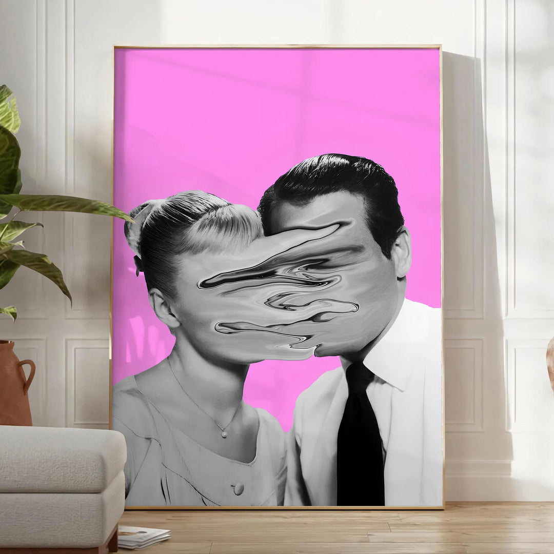 A pink and purple abstract artwork featuring a woman and a man - in a bright minimalist room with a plant and an armchair