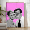 A pink and purple abstract artwork featuring a woman and a man - in a bright minimalist room with a plant and an armchair