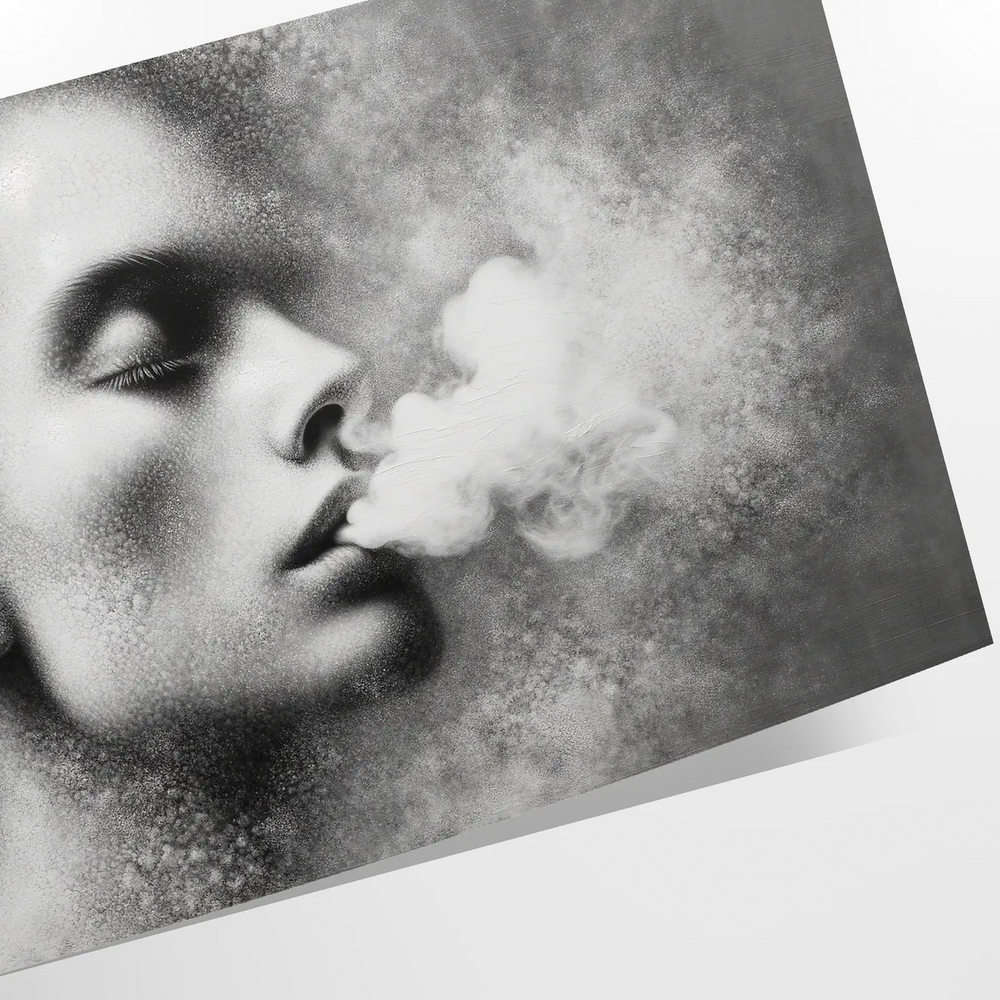 A woman smoking in soft gray and green tones