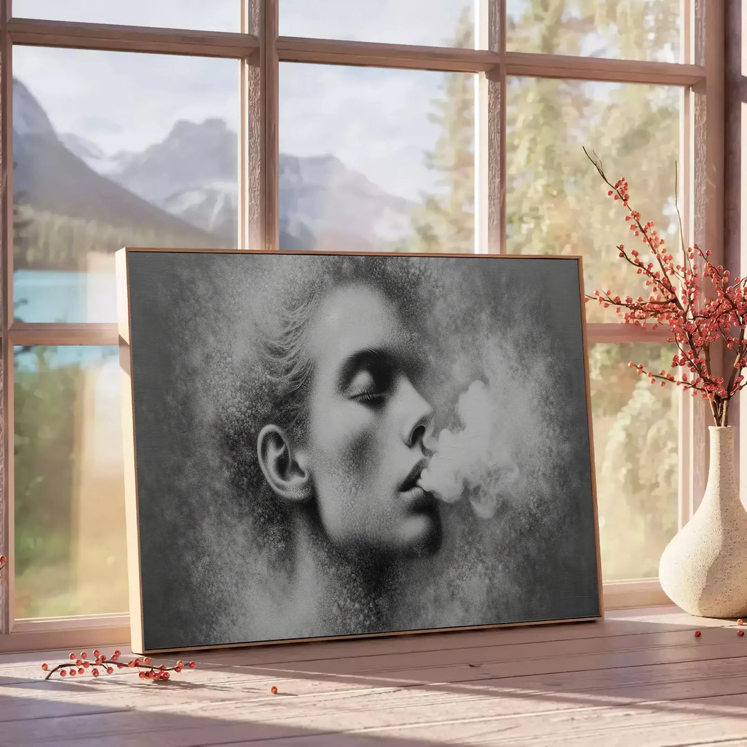 A woman smoking in soft gray and green tones - beside a round wooden side table with books