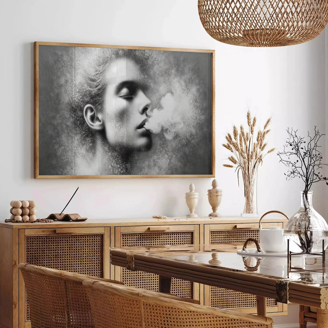 A woman smoking in soft gray and green tones - in a Parisian living room with a sofa and a fig plant
