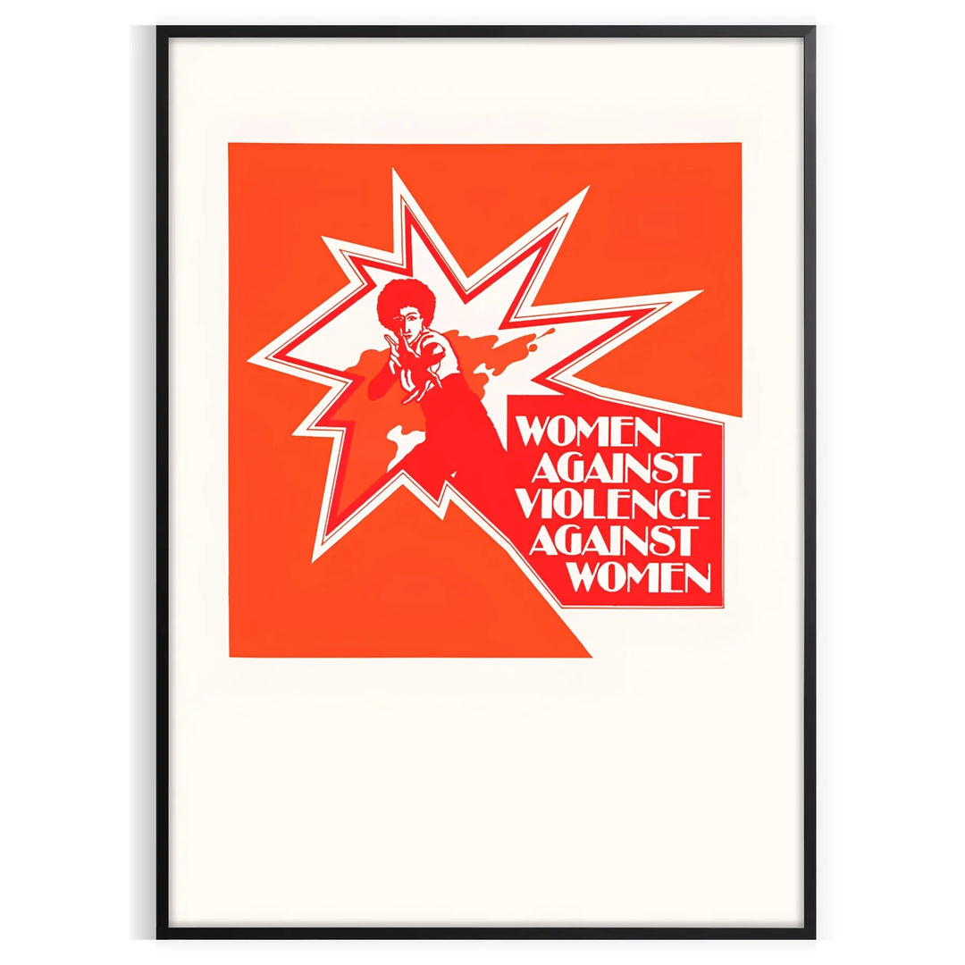 Maximalist print featuring abstract shapes in orange and brown, promoting women's rights