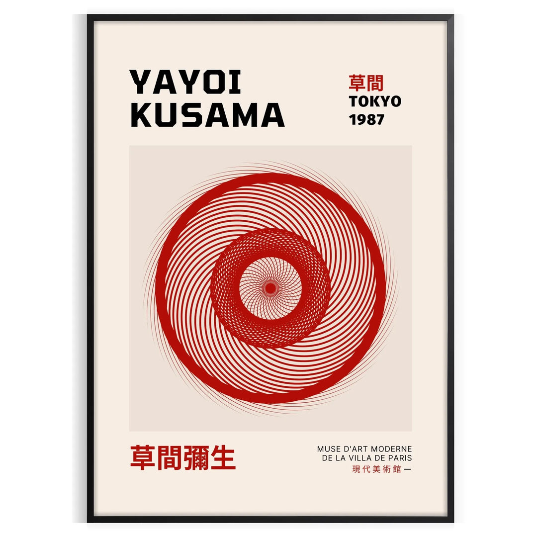 Abstract pattern of black dots on an orange background by Yayoi Kusama