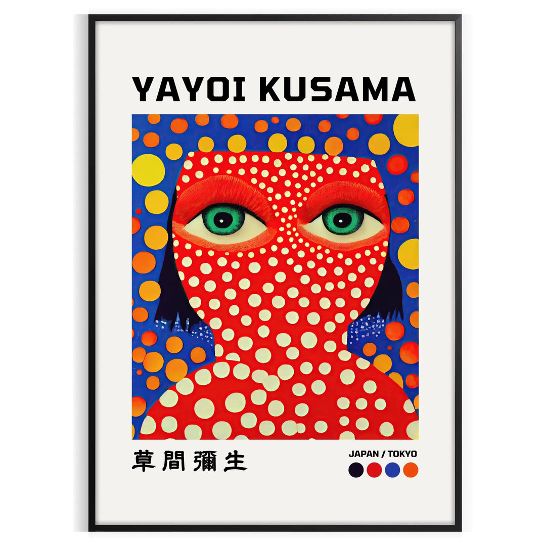 Colorful polka dot patterns in orange and blue by Yayoi Kusama
