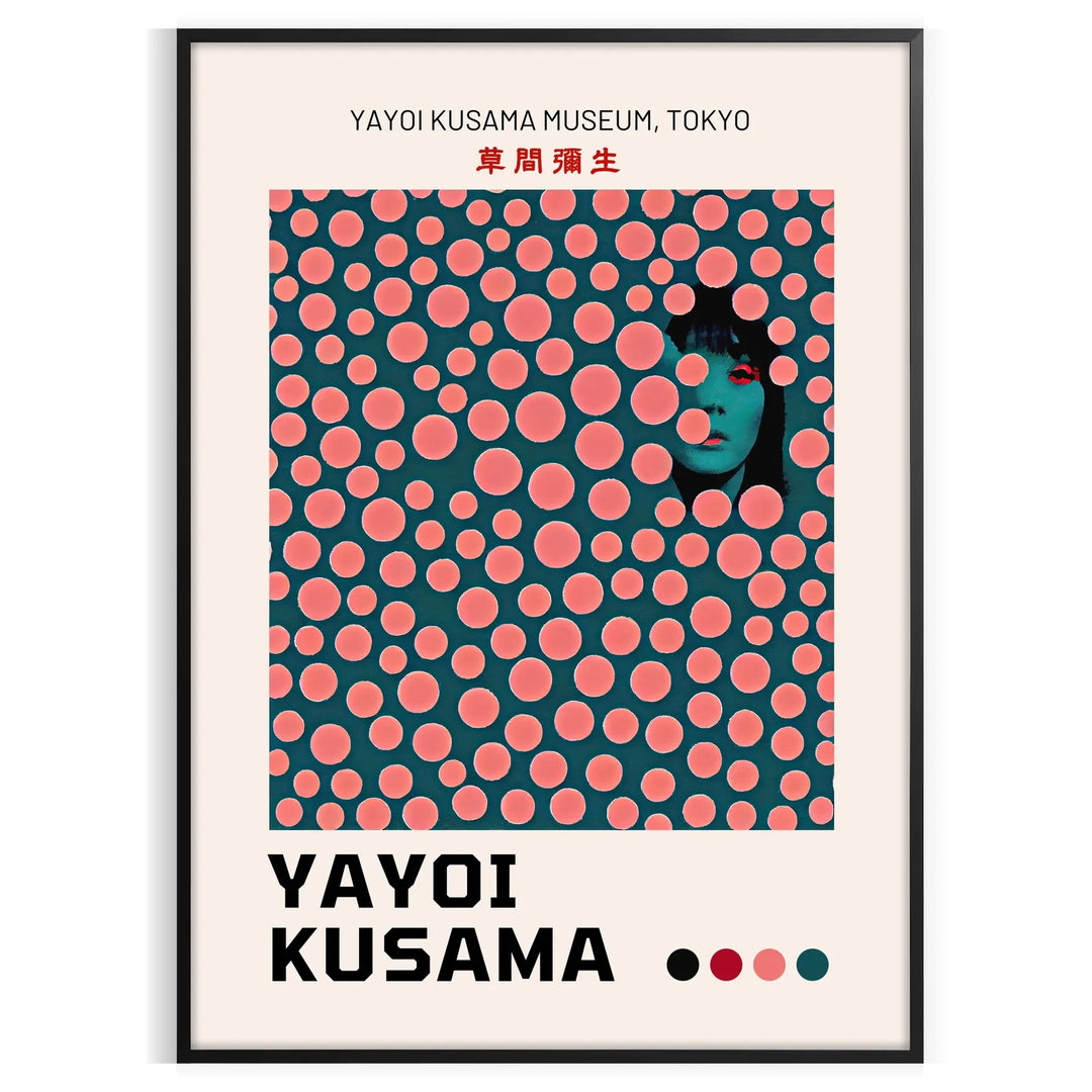 Abstract polka dot pattern in green and orange by Yayoi Kusama