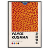 Abstract polka dot patterns in black and orange by Yayoi Kusama - in a black frame