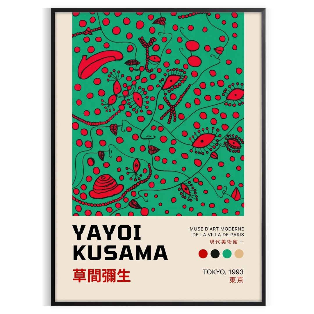 Abstract polka dot patterns in black and blue by Yayoi Kusama