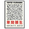 Abstract polka dot patterns in orange and black by Yayoi Kusama - in a black frame