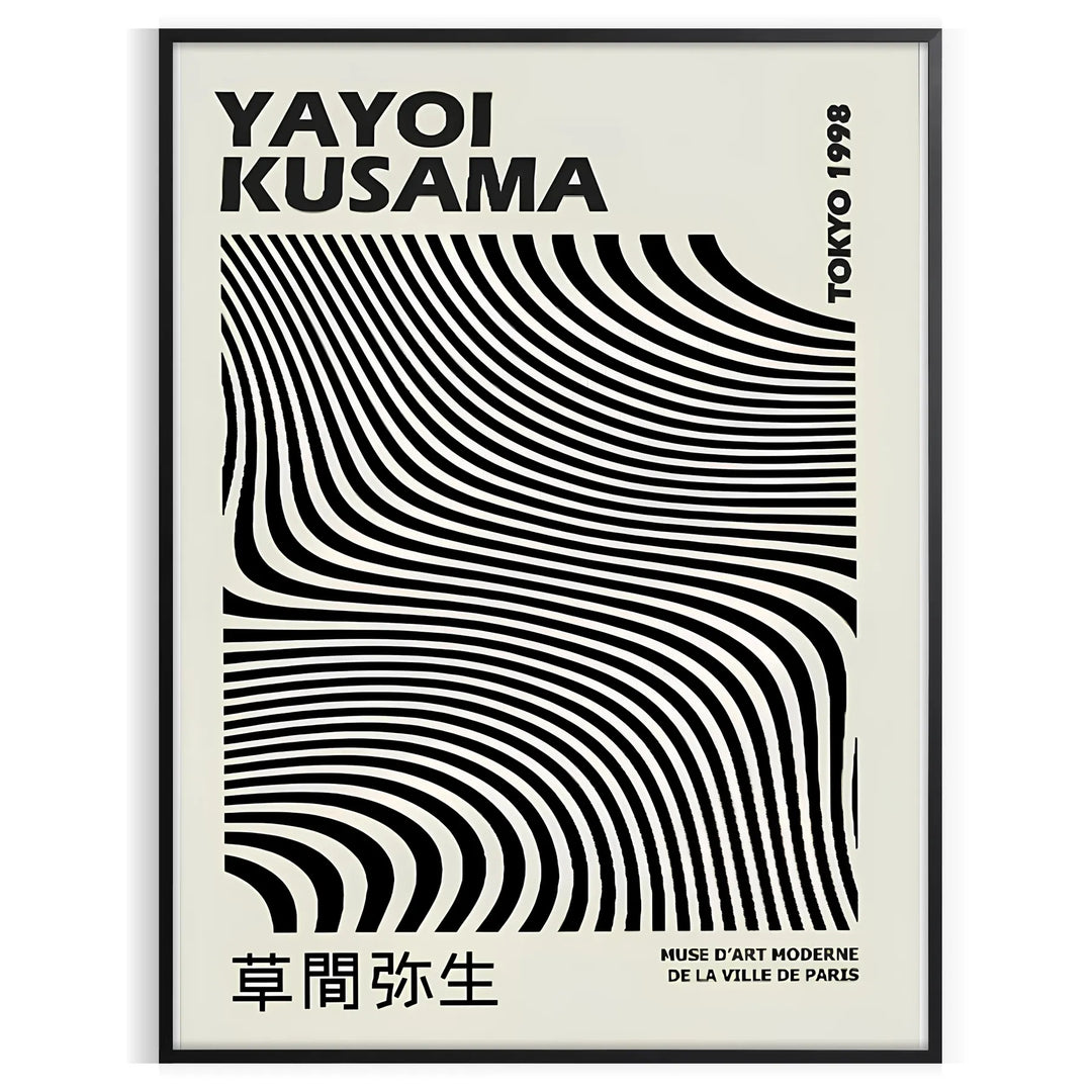 Black and white polka dot patterns with abstract shapes by Yayoi Kusama