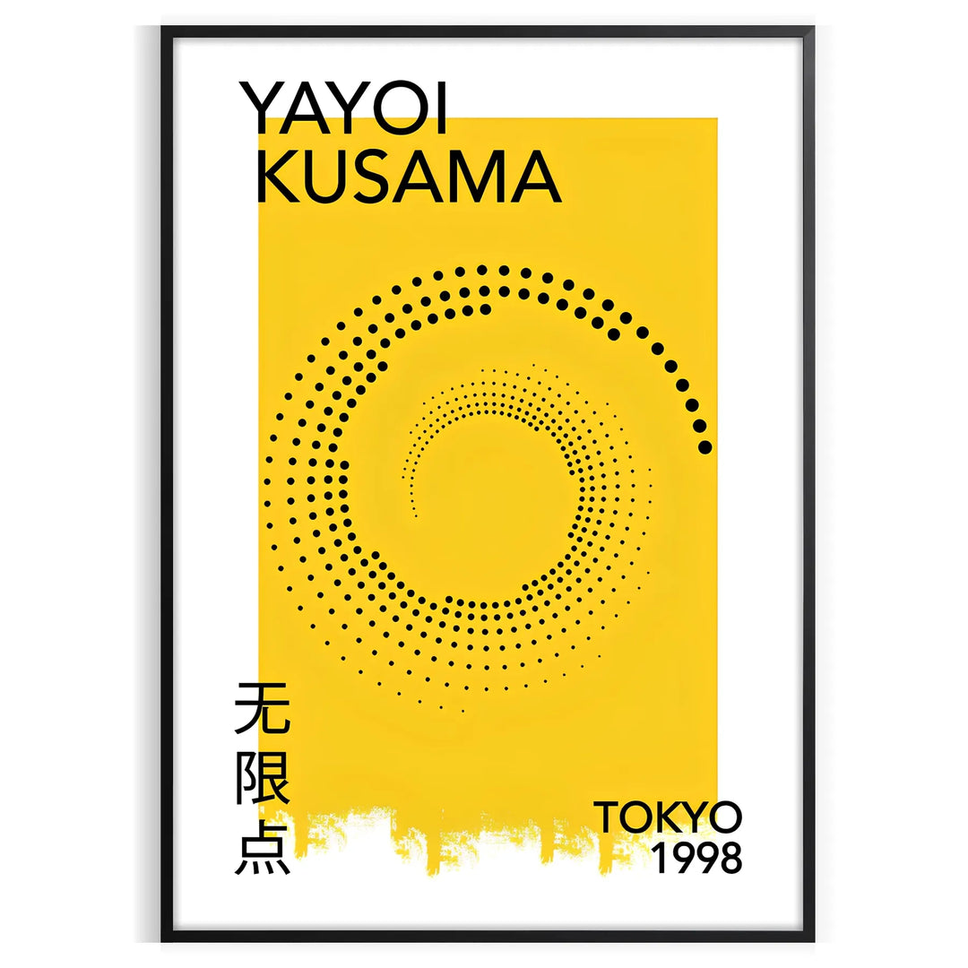 Abstract polka dot design in orange and black by Yayoi Kusama