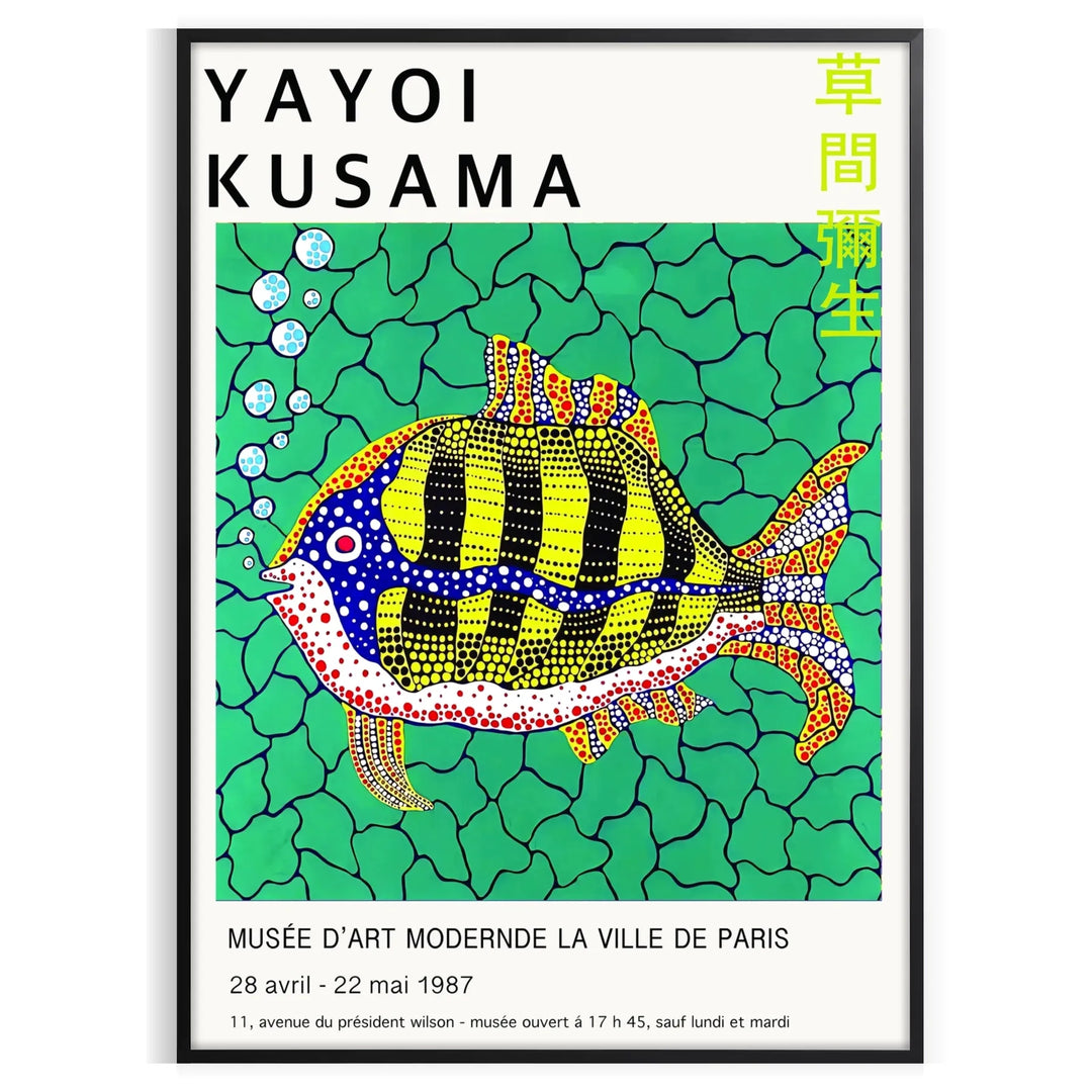 Colorful polka dots on a black background in Yayoi Kusama's signature style