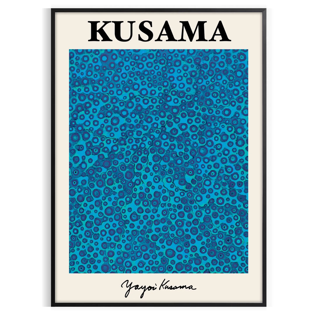 Abstract polka dot patterns in blue and black by Yayoi Kusama