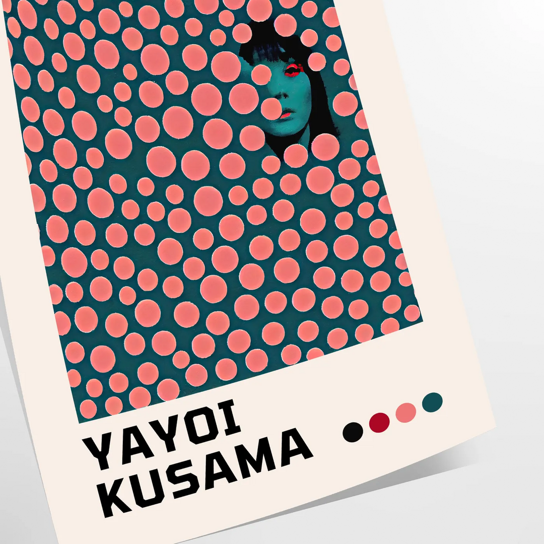 Abstract polka dot pattern in green and orange by Yayoi Kusama - as a rolled, unframed print