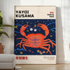 Abstract polka dot patterns in orange and blue by Yayoi Kusama - in a bright minimalist room with a plant and an armchair
