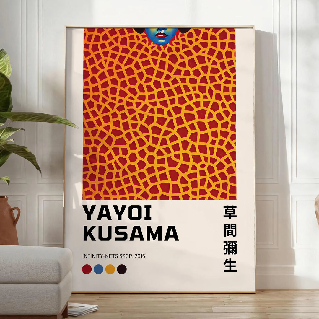 Abstract polka dot patterns in black and orange by Yayoi Kusama - in a bright minimalist room with a plant and an armchair