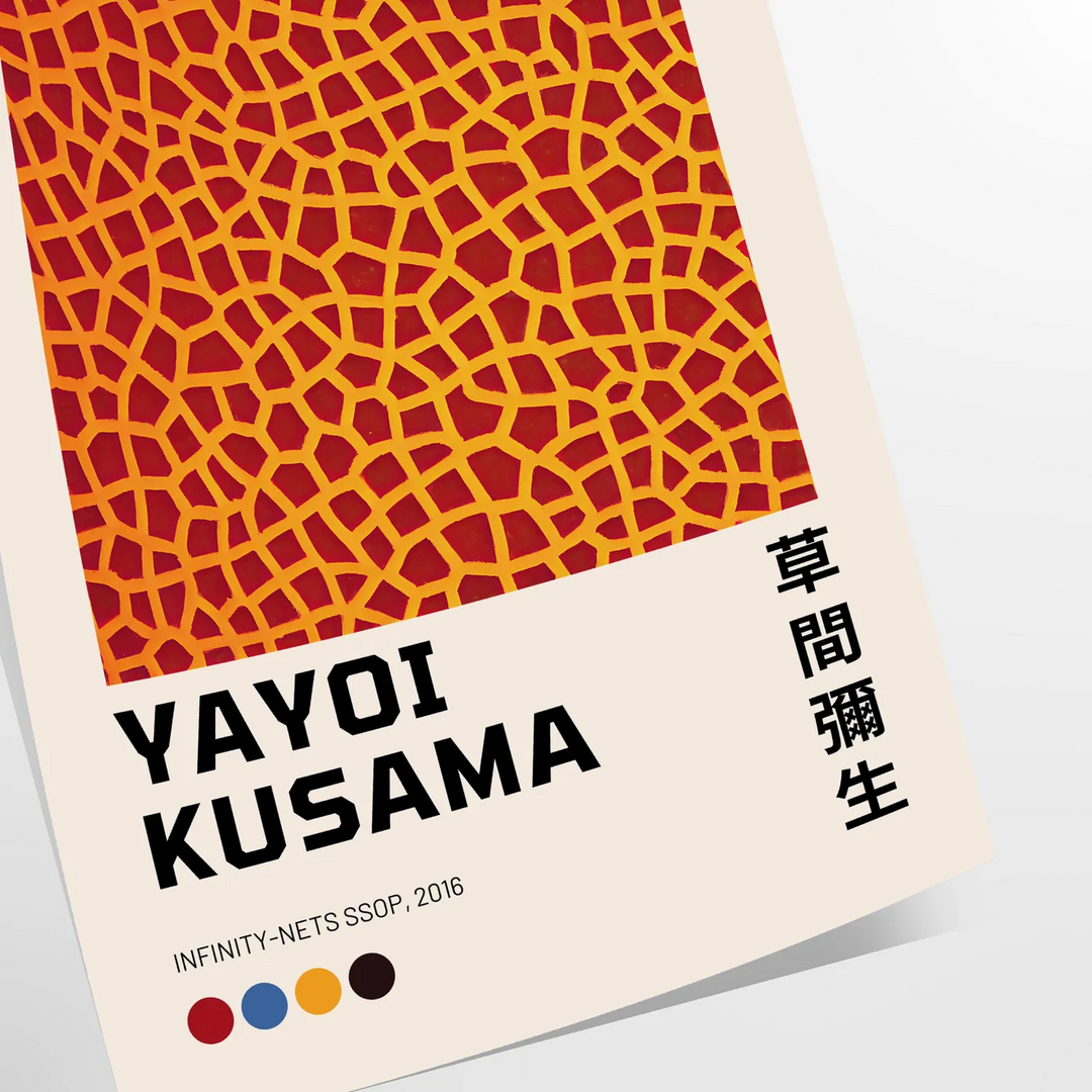 Abstract polka dot patterns in black and orange by Yayoi Kusama - as a rolled, unframed print