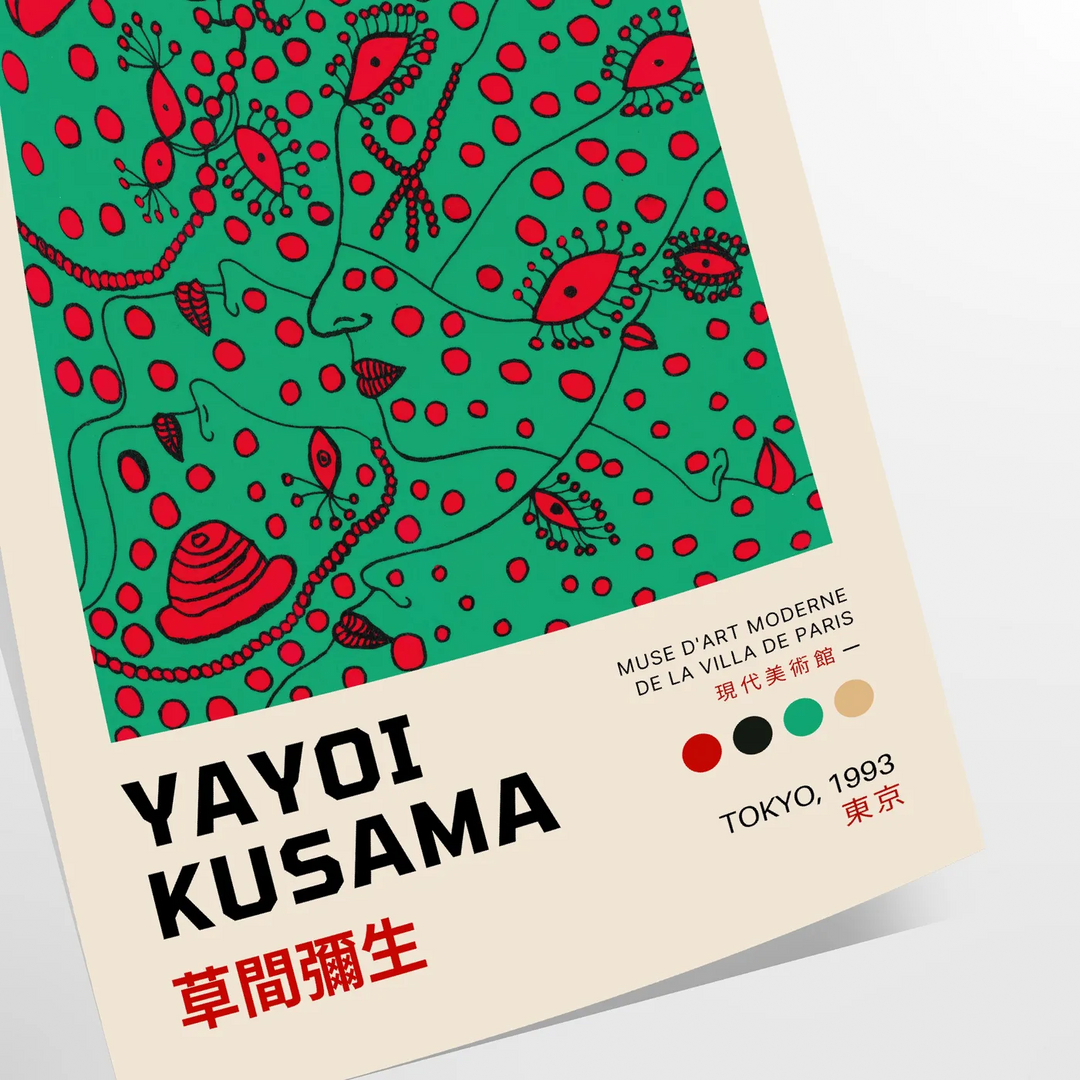 Abstract polka dot patterns in black and blue by Yayoi Kusama - as a rolled, unframed print