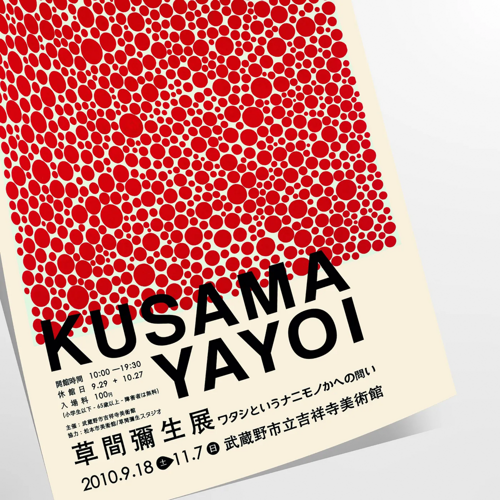 Red dots on a white background with black accents by Yayoi Kusama