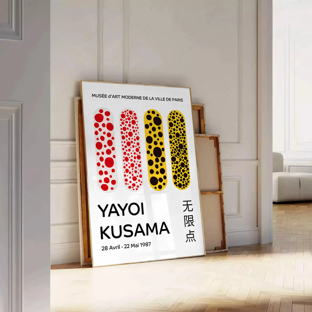 Abstract polka dot patterns in orange and black by Yayoi Kusama