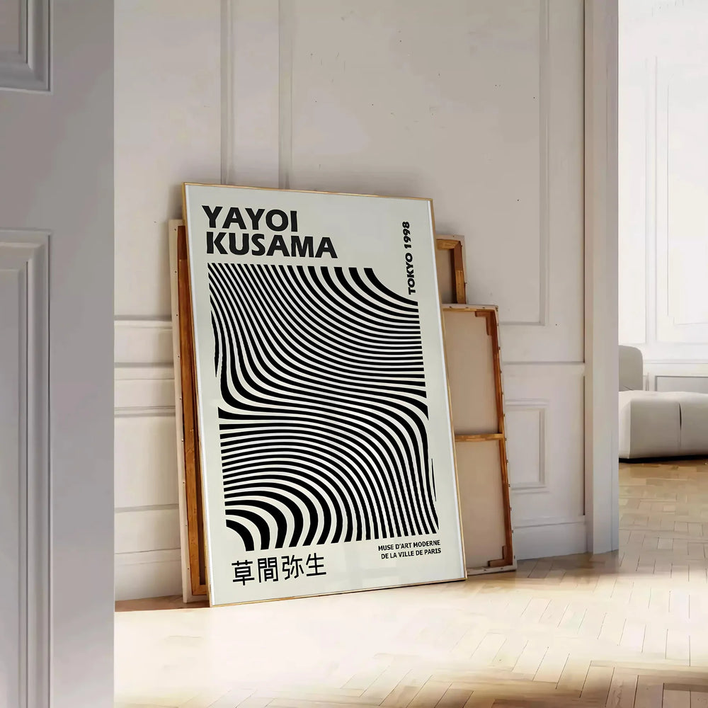 Black and white polka dot patterns with abstract shapes by Yayoi Kusama