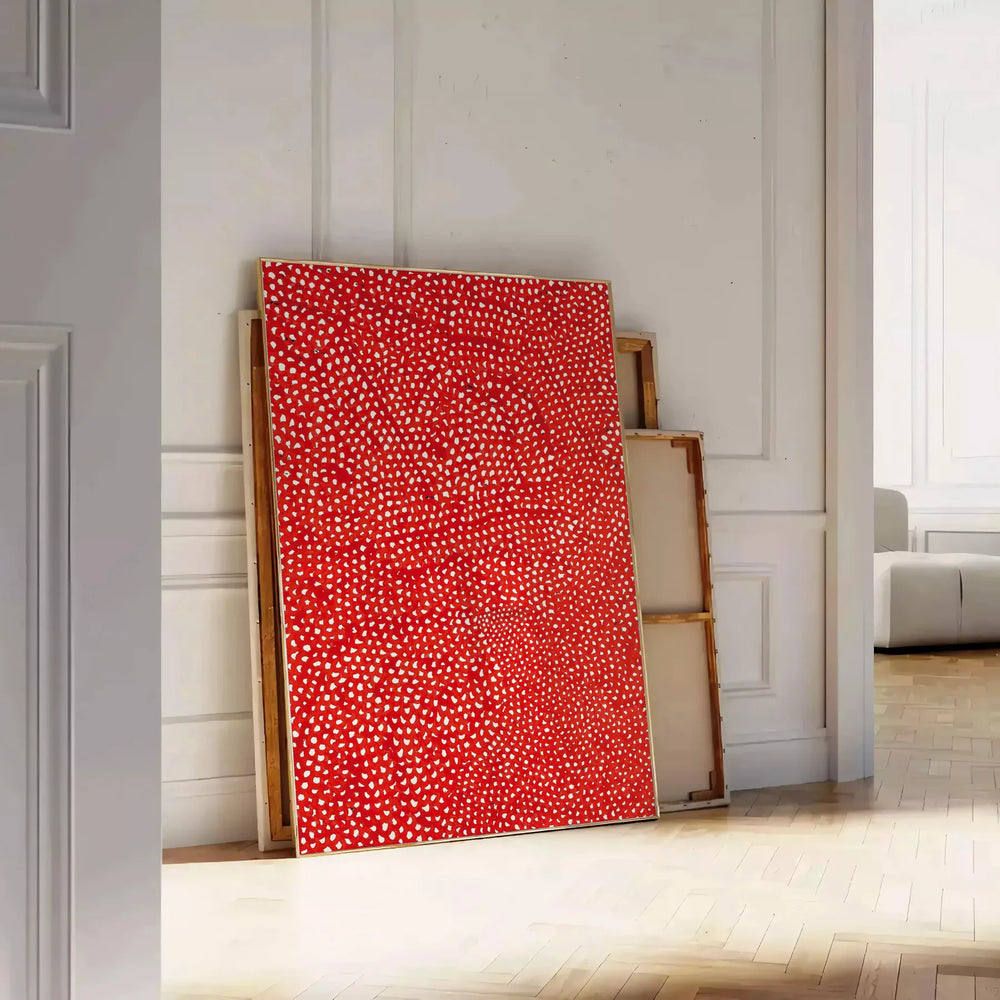 Abstract polka dot patterns in orange and brown by Yayoi Kusama