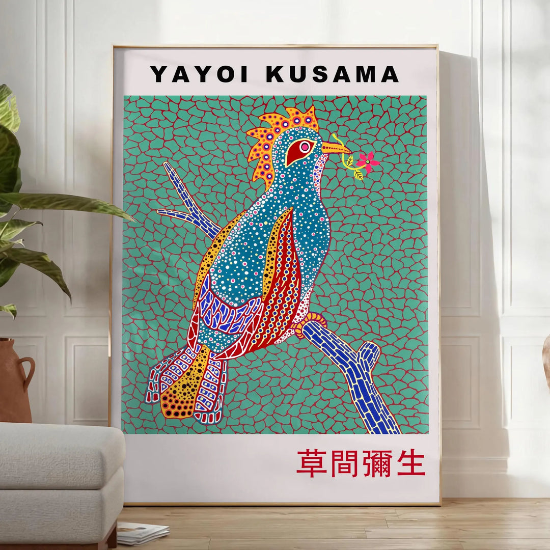 Colorful polka dots in various sizes on a brown background by Yayoi Kusama - in a bright minimalist room with a plant and an armchair