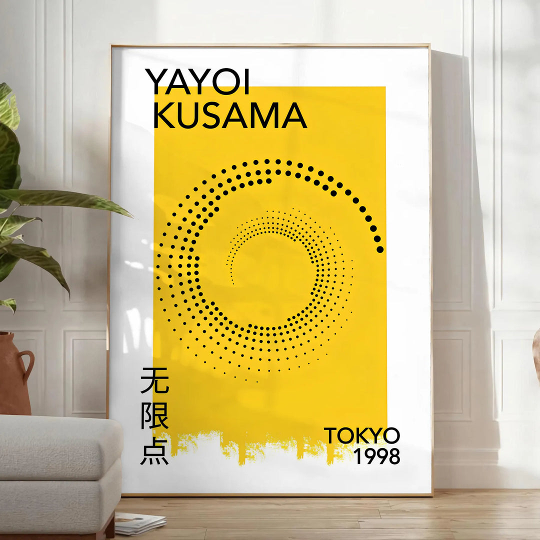 Abstract polka dot design in orange and black by Yayoi Kusama - in a bright minimalist room with a plant and an armchair