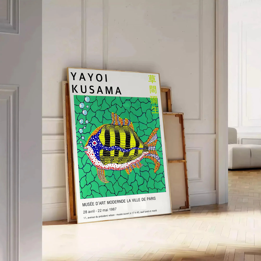 Colorful polka dots on a black background in Yayoi Kusama's signature style