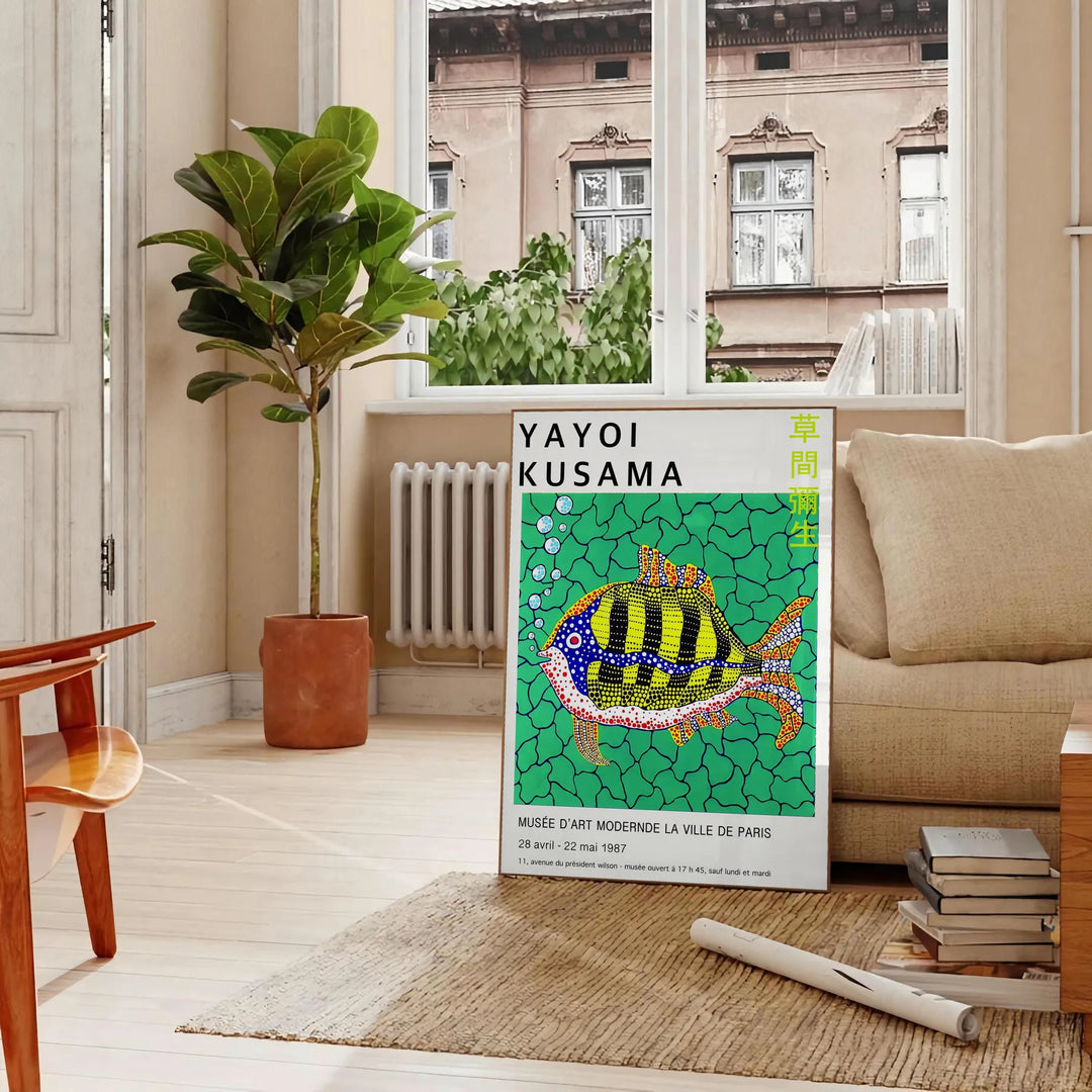 Colorful polka dots on a black background in Yayoi Kusama's signature style - in a Parisian living room with a sofa and a fig plant