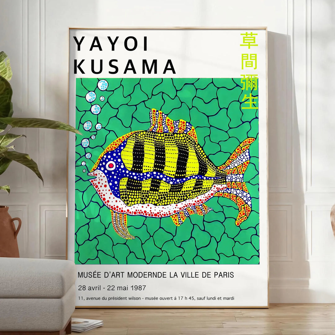 Colorful polka dots on a black background in Yayoi Kusama's signature style - in a bright minimalist room with a plant and an armchair