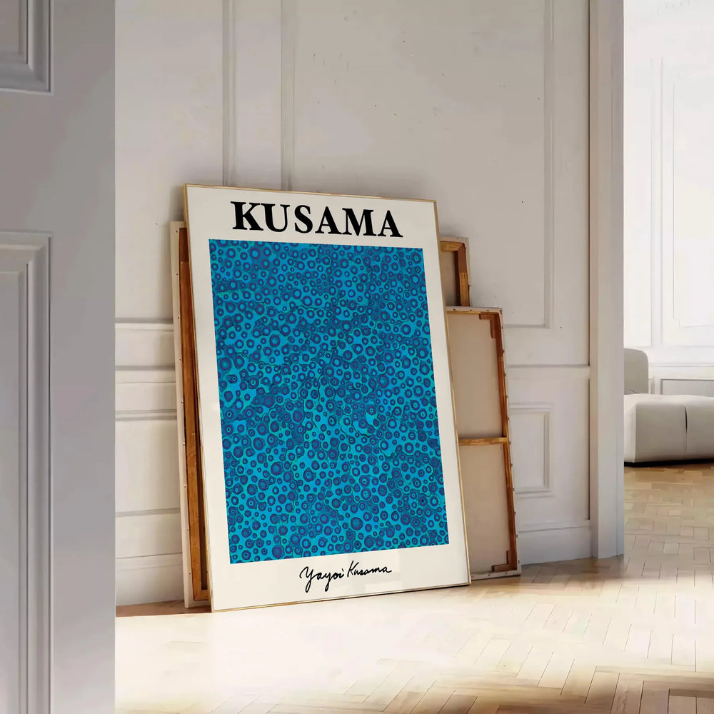 Abstract polka dot patterns in blue and black by Yayoi Kusama