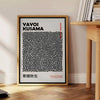 Abstract polka dot patterns in black and gray by Yayoi Kusama - beside a round wooden side table with books