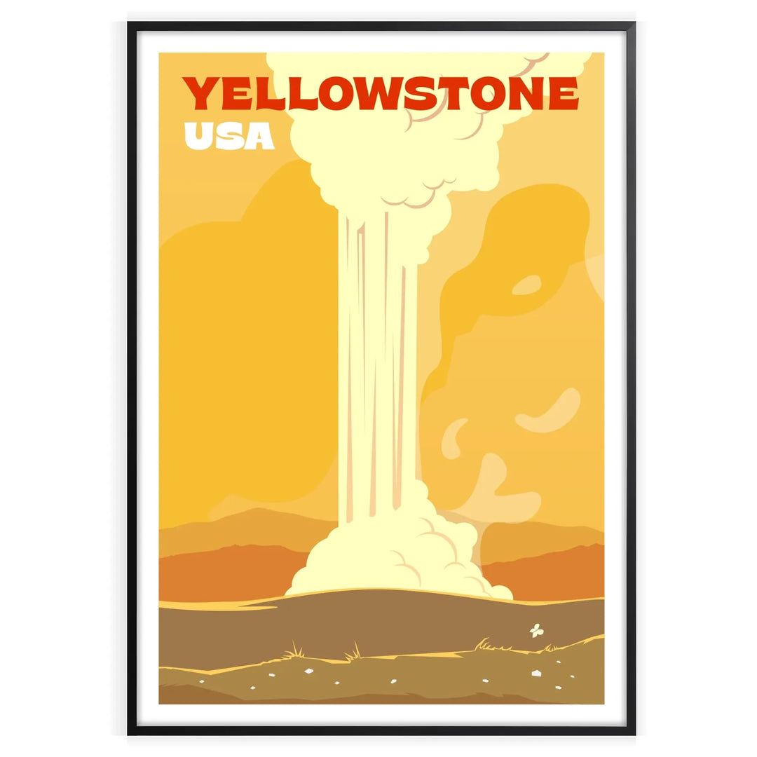A retro-style poster featuring Yellowstone National Park with warm red and orange hues