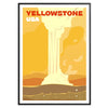 A retro-style poster featuring Yellowstone National Park with warm red and orange hues - in a black frame