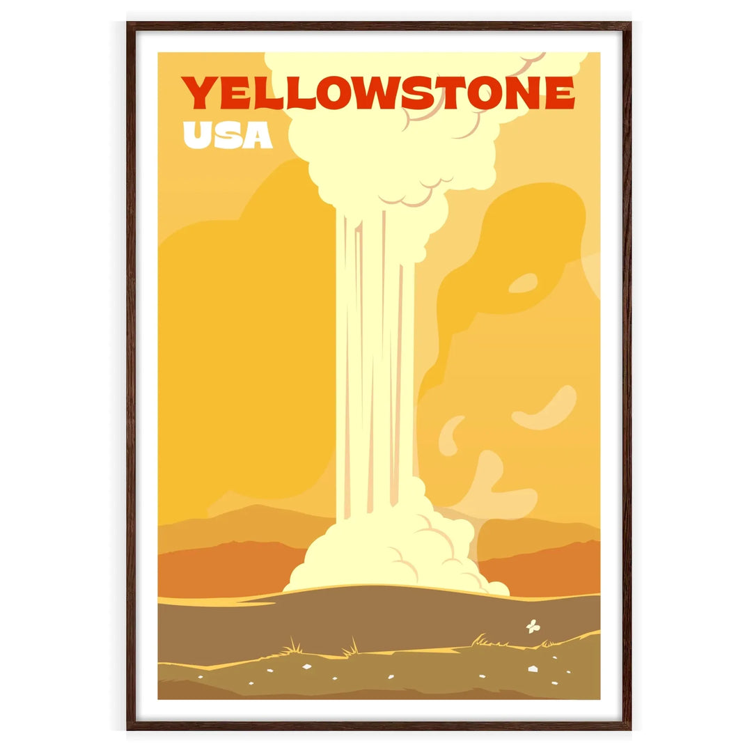 A retro-style poster featuring Yellowstone National Park with warm red and orange hues - in a walnut frame