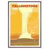 A retro-style poster featuring Yellowstone National Park with warm red and orange hues - in a walnut frame