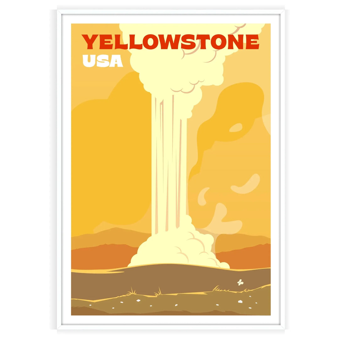 A retro-style poster featuring Yellowstone National Park with warm red and orange hues - in a white frame